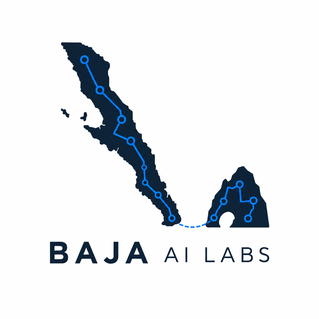 Baja AI Labs — the Baja peninsula and El Arco connected by blue circuits